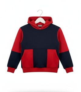 blusa moletom infantil, vermelho e azul marinho, frente