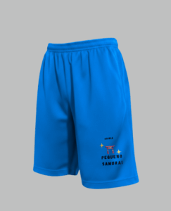 Bermuda escolar azul celeste em helanca e moletom Pequeno Samurai frente