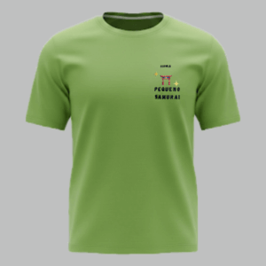 Camiseta escolar manga curta verde abacate oficial Pequeno Samurai frente