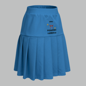 Saia godê escolar azul celeste com acabamento verde abacate Pequeno Samurai frente