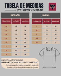 Guia de tamanhos e medidas para camiseta manga curta de uniforme escolar - FLP Uniformes